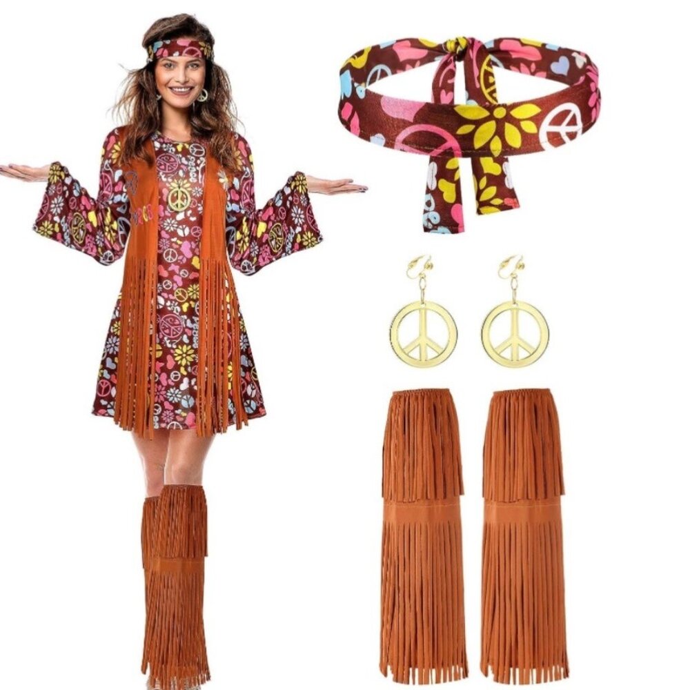 Hippie Boho Peace 70s Deluxe Costume Set Halloween Cosplay Set Plus Size XXL-3XL